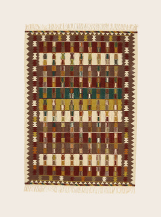Grand Tapis Tihya en laine à motifs marron, ivoire et terracotta avec des franges aux deux extrémités