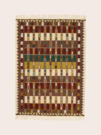 Grand Tapis Tihya en laine à motifs marron, ivoire et terracotta avec des franges aux deux extrémités