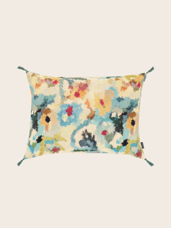 Housse de coussin imprimée Fiore pour canapé en lin et jute avec ses pompons signature