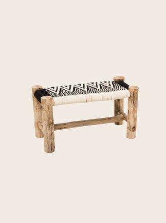 Petit banc noir et blanc tressé en coton et bois d'eucalyptus