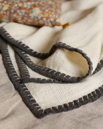 Linge de lit : couvre-lit blanc avec des bordures noires