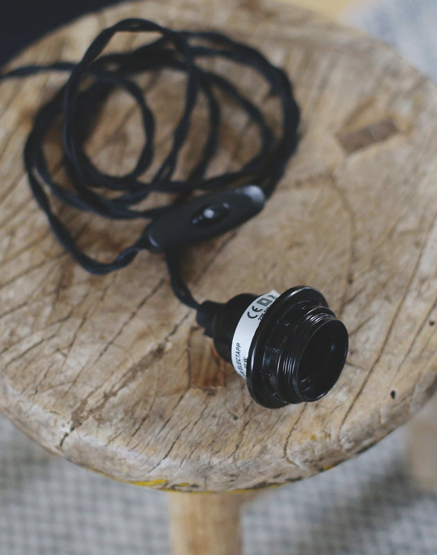 Electrification noire pour applique avec interrupteur et cable torsadé de 2m gainé de textile en coton noir
