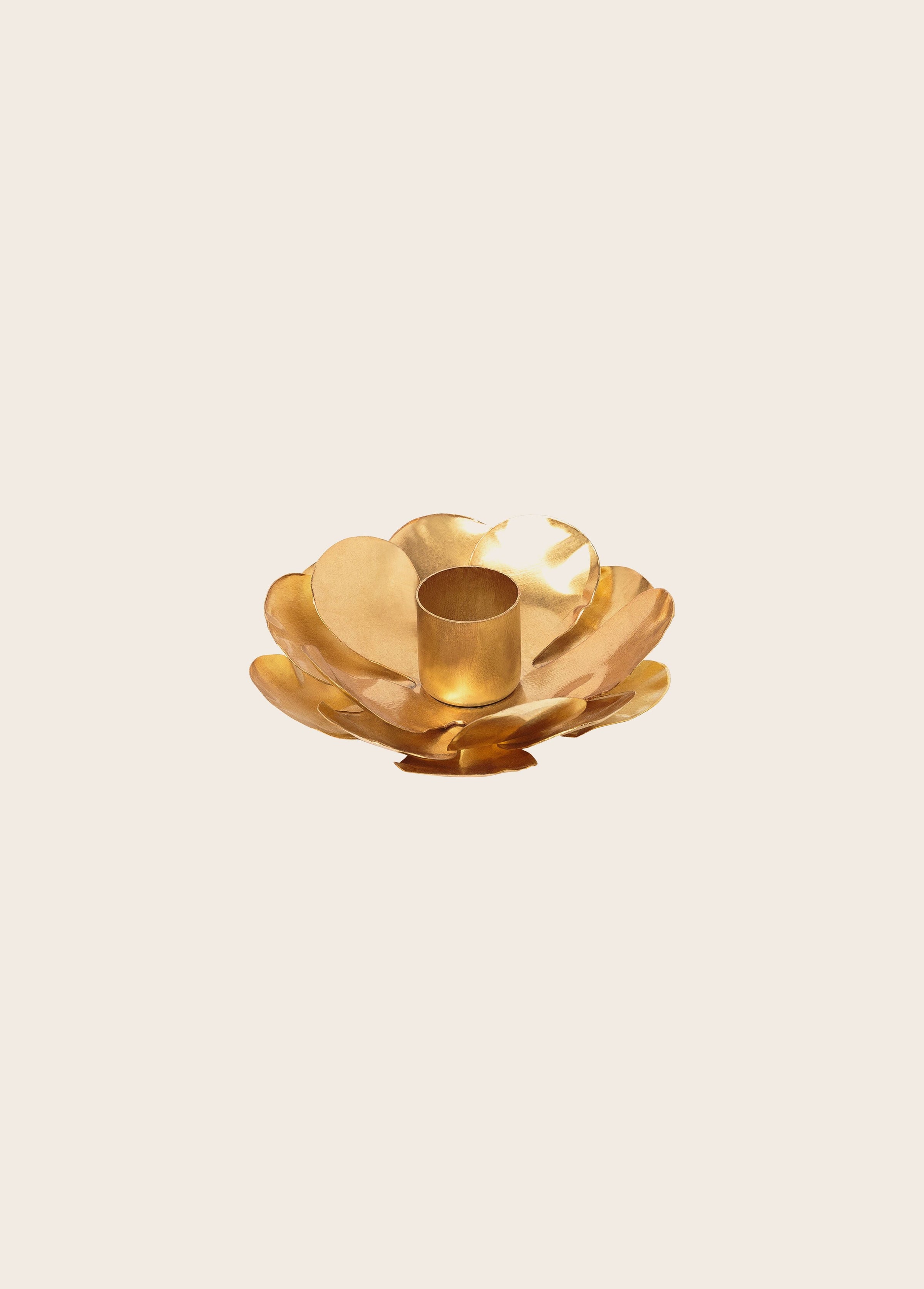 Petit bougeoir en forme de fleur dorée en métal pour chandelles