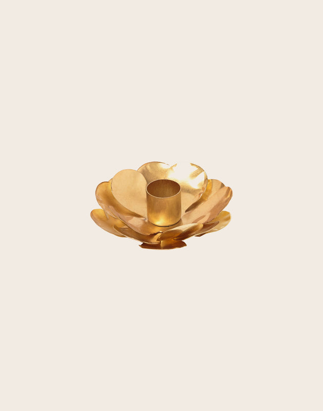 Petit bougeoir en forme de fleur dorée en métal pour chandelles