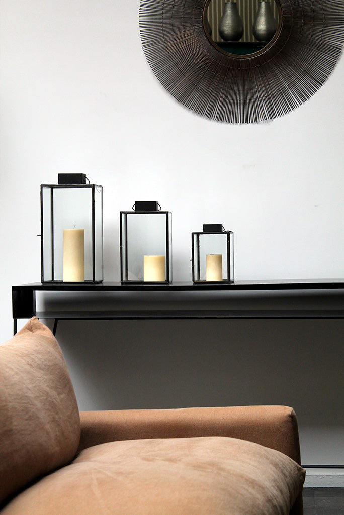 Trois dimensions de lanternes en verre et acier brut Aladin