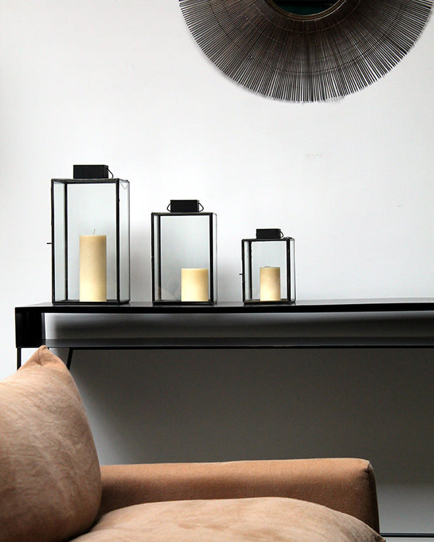 Trois dimensions de lanternes en verre et acier brut Aladin