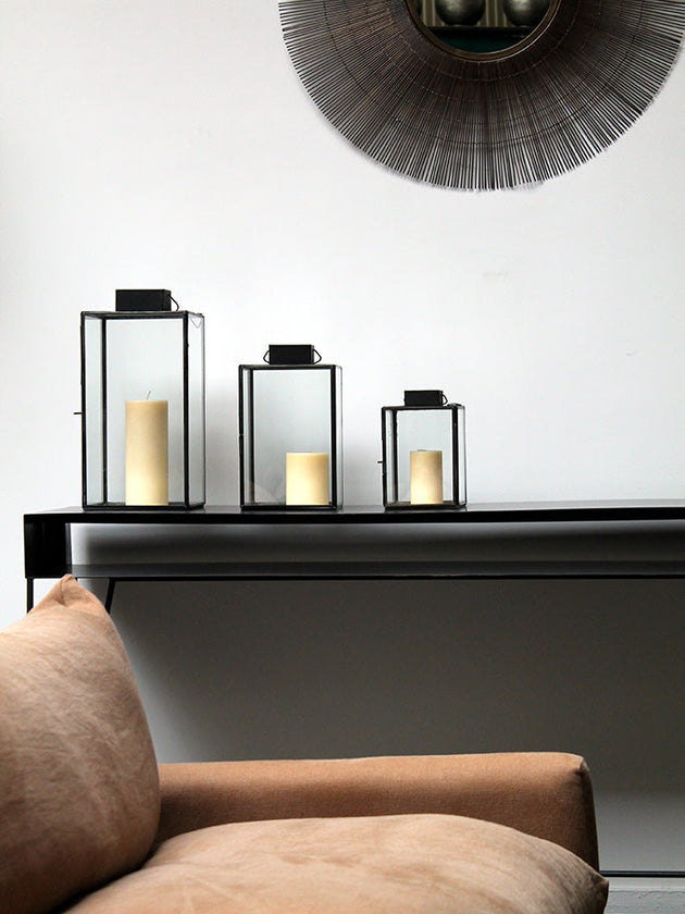 Trois dimensions de lanternes en verre et acier brut Aladin