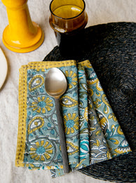 Lot de 4 serviettes en coton imprimées au bloc turquoise