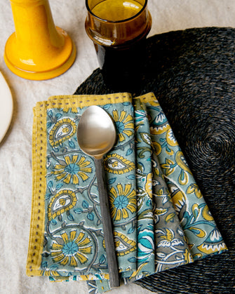 Lot de 4 serviettes en coton imprimées au bloc turquoise