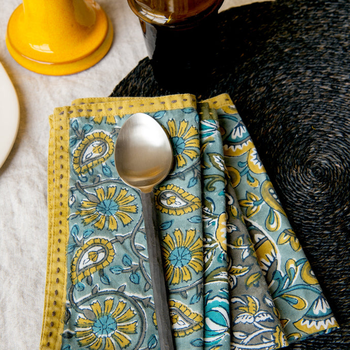 Lot de 4 serviettes en coton imprimées au bloc turquoise