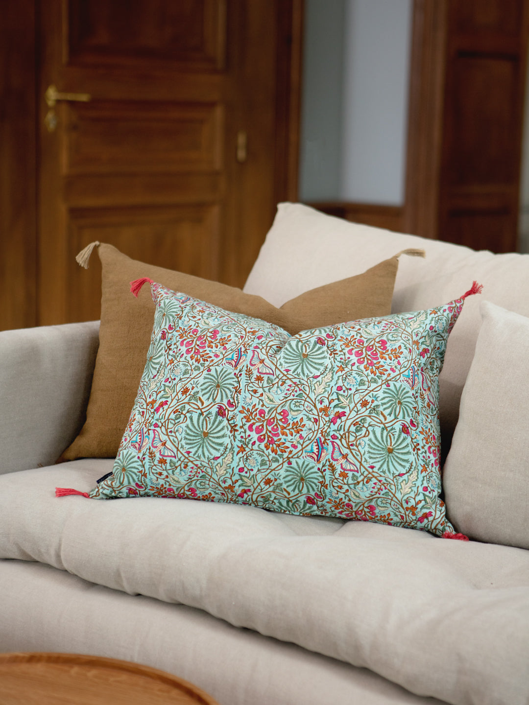 Housse de coussin Papilio Turquoise à motif floral