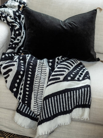 Plaid Treya noir et blanc en laine, coton et lin