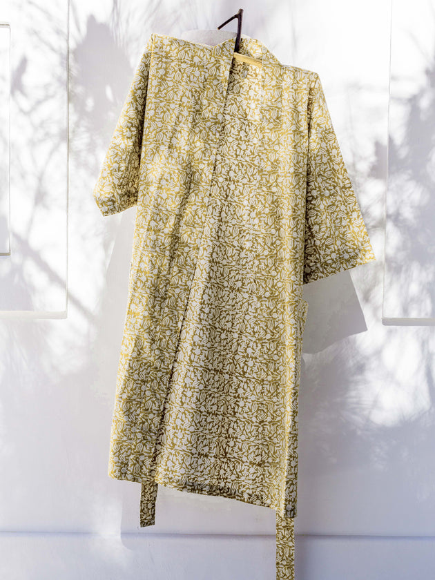 Kimono curcuma en coton imprimé au bloc à la main