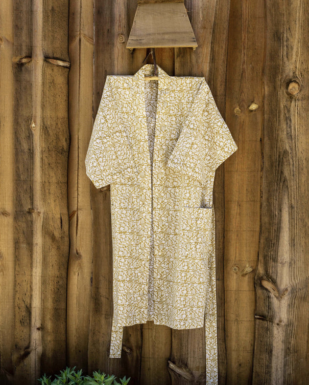 Kimono jaune en coton imprimé au bloc à la main