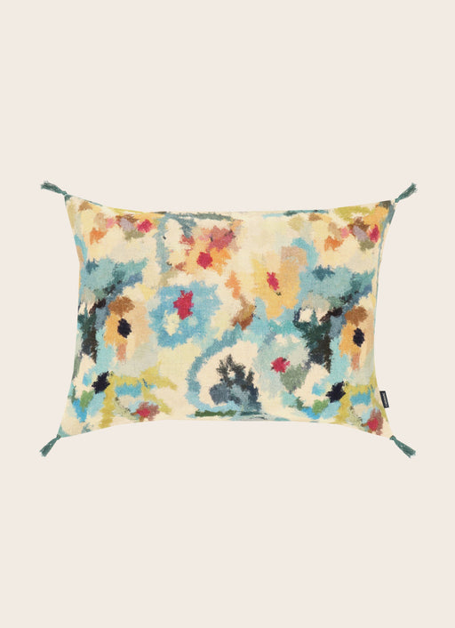 Housse de coussin imprimée Fiore pour canapé en lin et jute avec ses pompons signature