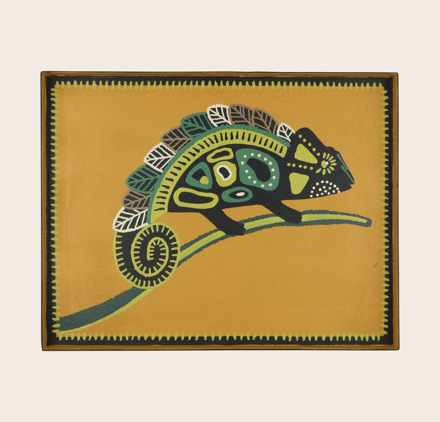 Plateau de service rectangulaire Kaleo en métal peint au motif Caméléon