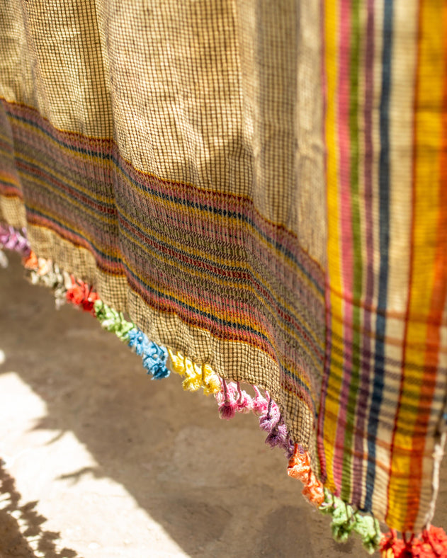 Rideau Dupatta en coton biologique à pompons colorés arc-en-ciel
