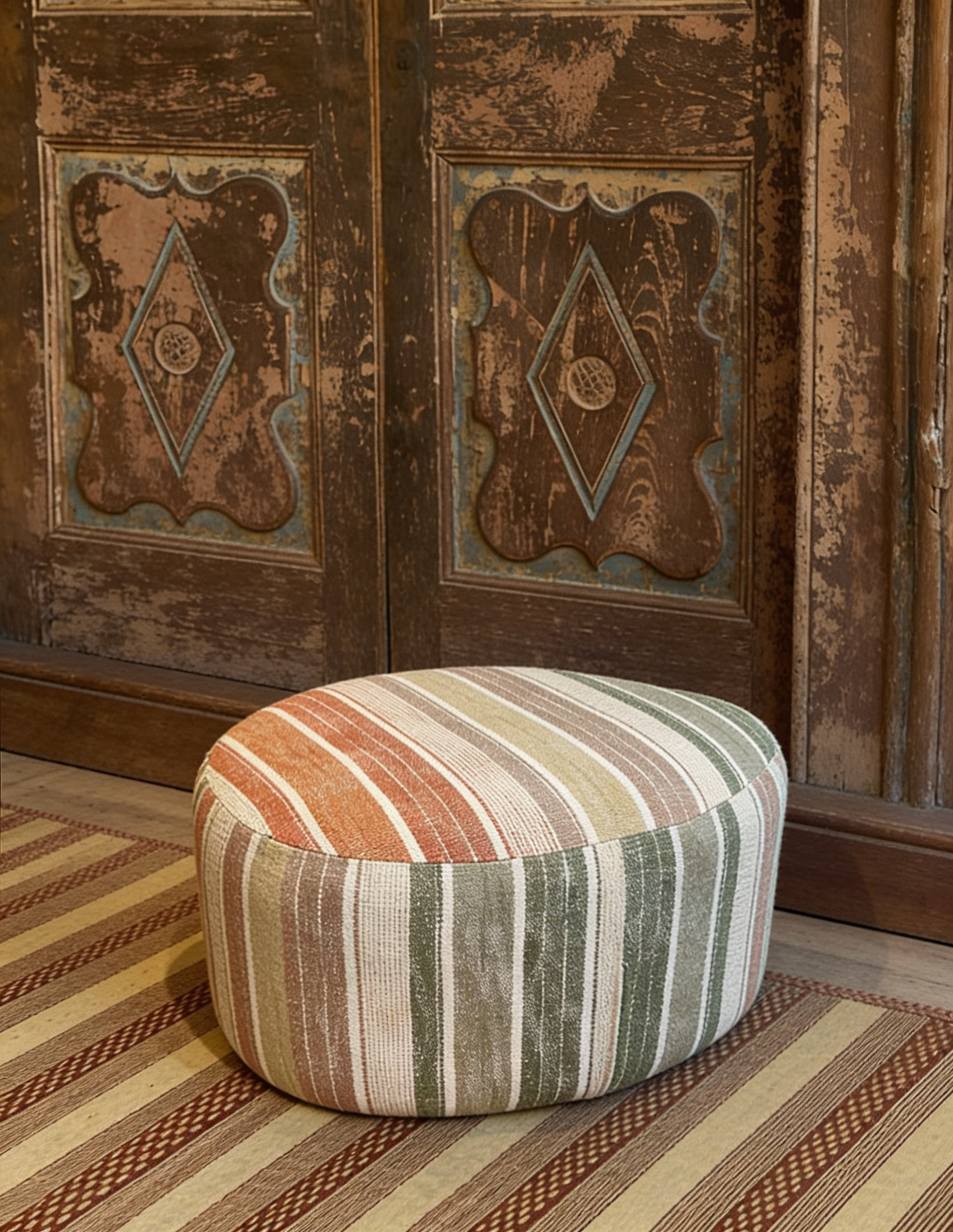 Pouf à rayures colorées sur un tapis.