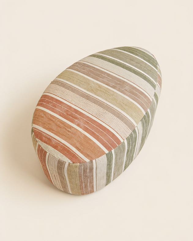 Pouf à rayures colorées, vu de haut, sur un fond blanc.