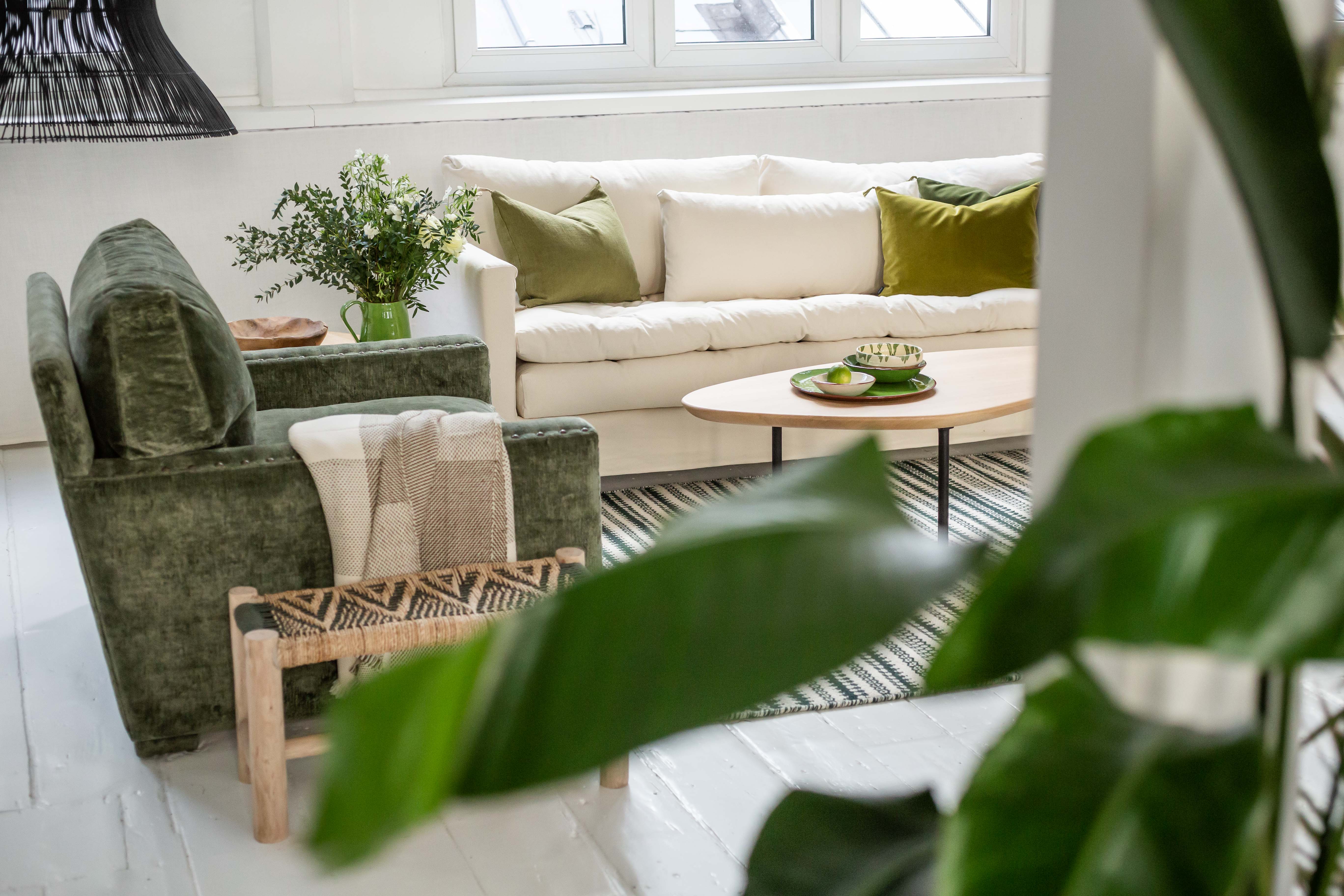 Idée de décoration pour un salon vert et blanc