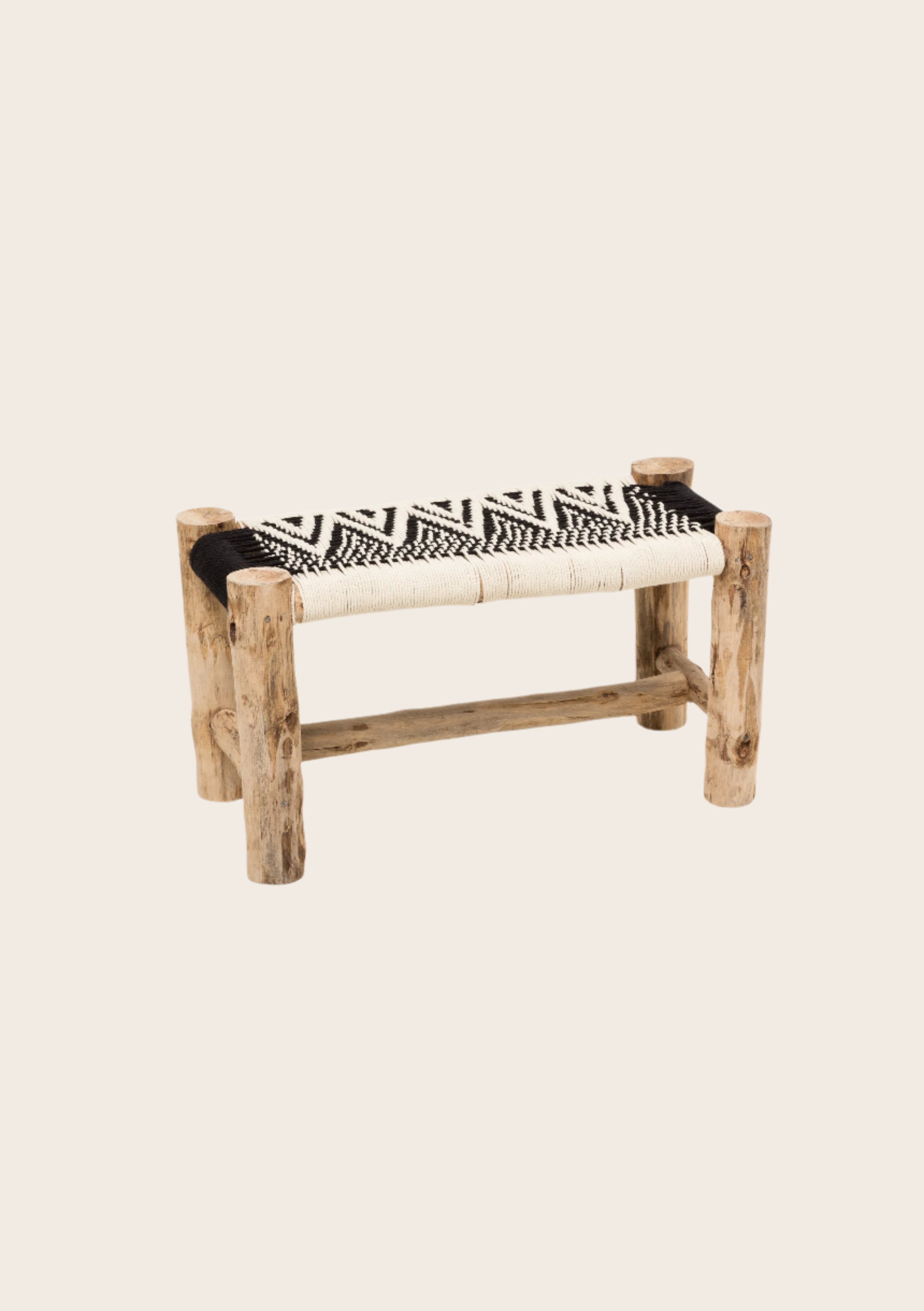 Petit banc noir et blanc tressé en coton et bois d'eucalyptus