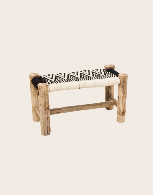 Petit banc noir et blanc tressé en coton et bois d'eucalyptus